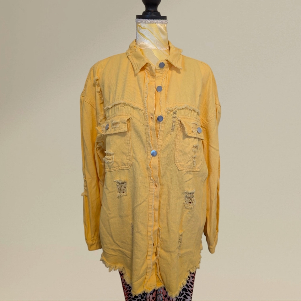 Lemon Yellow Distressed Button-Up Shaket